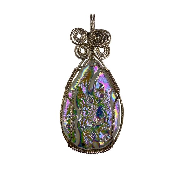 Wire Wrapped Iridescent Pendant Silver Tone Handmade Jewelry Metal & Glass - Picture 1 of 4